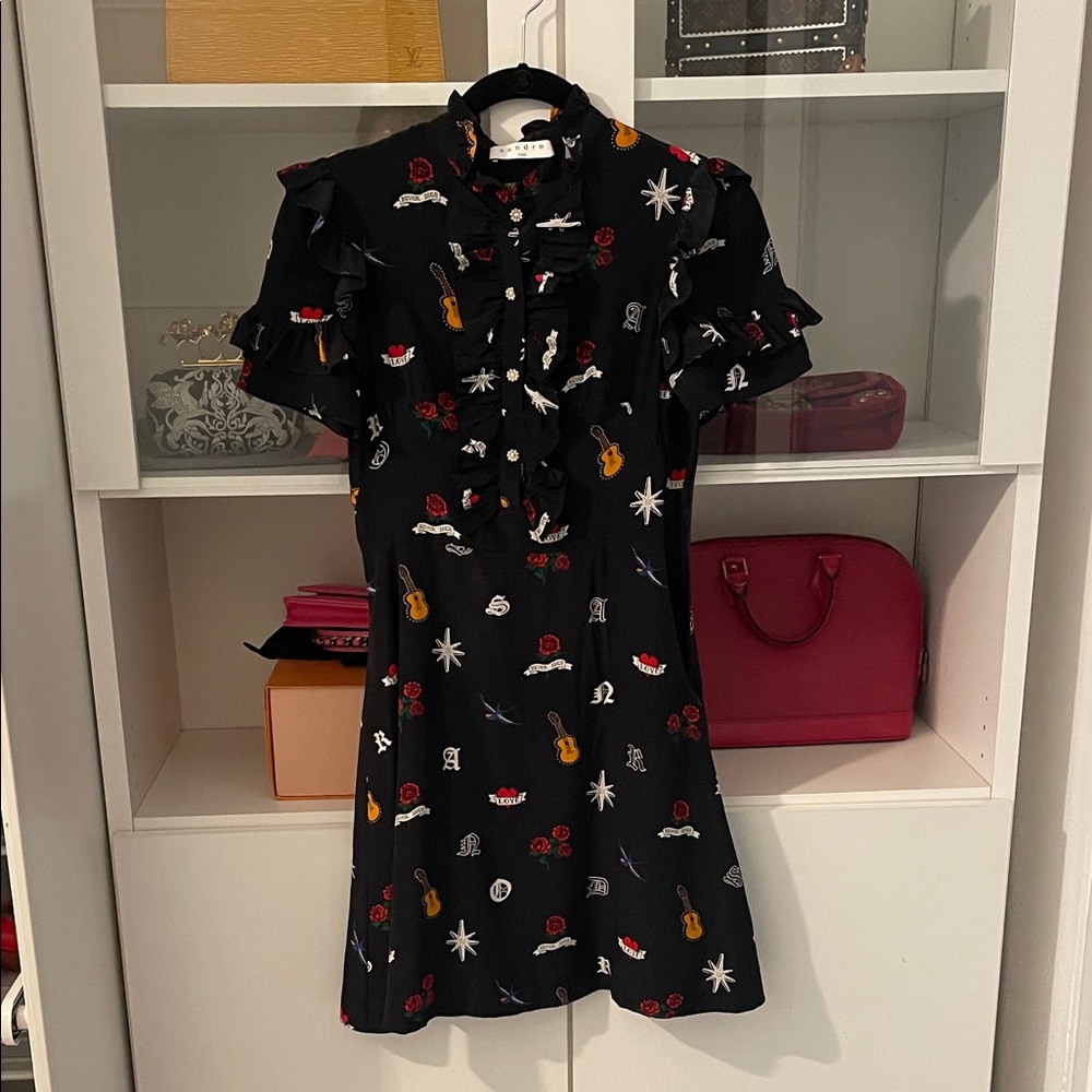 Sandro Black Dress with Floral Embroidery--Weekend sale-